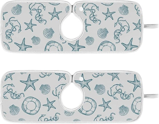 Coastal Starfish Shell Faucet Water Catcher Mat 2 Pack Seashell Ocean Nautical Theme Drying Mat Absorbent Bathroom Faucet Handle Drip Catcher Tray Bar RV Kitchen Sink Splash Guard 14x5 Inches