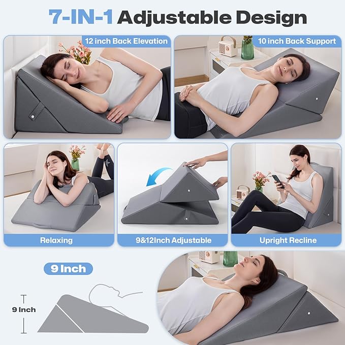 Wedge Pillow for Sleeping, 9 & 12 Inch Adjustable Wedge Pillow for Back Pain Relief Foldable Wedge Pillow for After Surgery Memory Foam Triangle Pillow Wedge for Bed Upright Acid Reflux Snoring