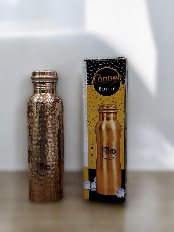 34Oz Pure Copper Water Bottle for Drinking Large Handcrafted Ayurvedic Copper Water Bottle Leak Proof Lid Smooth Finish Water Vessel Copper Drinking Water Bottle 34Oz (Hammered Finish)