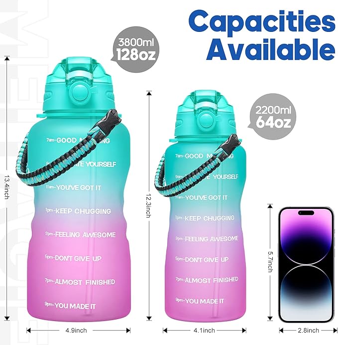 Water Bottles 1 / Half Gallon with Time Marker and Straw, Large Fitness Sports Motivational Bottle, Wide Mouth Leakproof and BPA Free for Travel, Gym,office,school