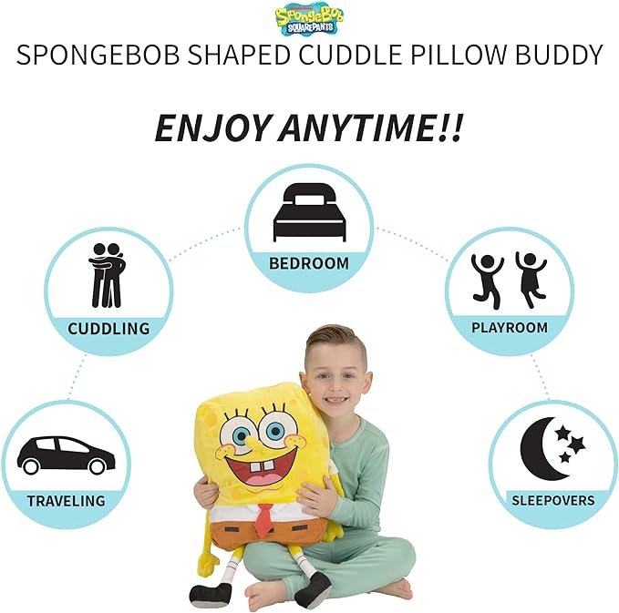 Franco Spongebob Kids Bedding Super Soft Plush Cuddle Pillow Buddy, One Size Kids Bedding Super Soft Microfiber Reversible Pillowcase, 20 in x 30 in, Spongebob Squarepants