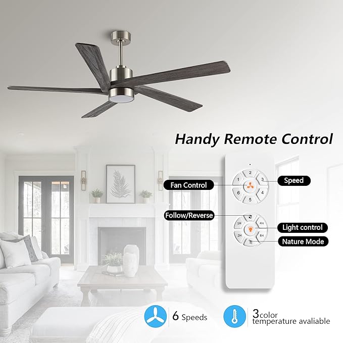 WINGBO 54 Inch DC Ceiling Fan with Lights and Remote Control, 5 Reversible Carved Wood Blades, 6-Speed Noiseless DC Motor, Modern Ceiling Fan in Brushed Nickel Finish with Gray Blades, ETL Listed