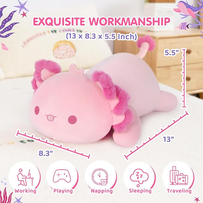 Cute Axolotl Plush Pillow, Kawaii Plushies Pink Axolotl Stuffed Toys, Squishy Plushies, Cuddle Plush Pillow for Boys & Girls