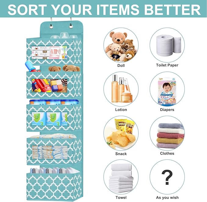 Over the Door Hanging Organizer - Nursery 5 Window Pocket Storage Organizer with 2 Thick Hooks for Baby Clothes, Diaper, Cruise, Pantry, Closet, Bathroom, Cabinet, Kitchen 12.2” 5” 49.6” (Blue)