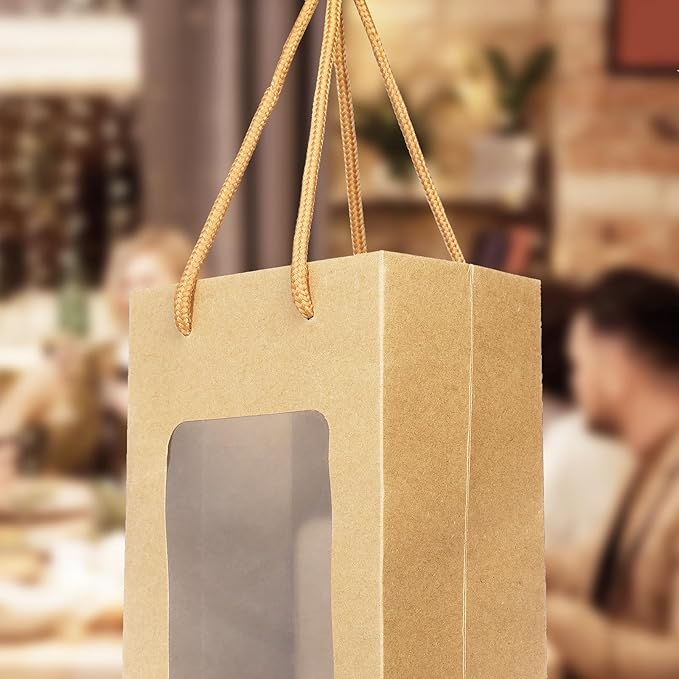 Megitzuu Wine Bottle Gift Bags With Window, 10 Pack Reusable Kraft Paper Gift Bags for Wine Bottle Birthday Party Wedding Bridal Shower