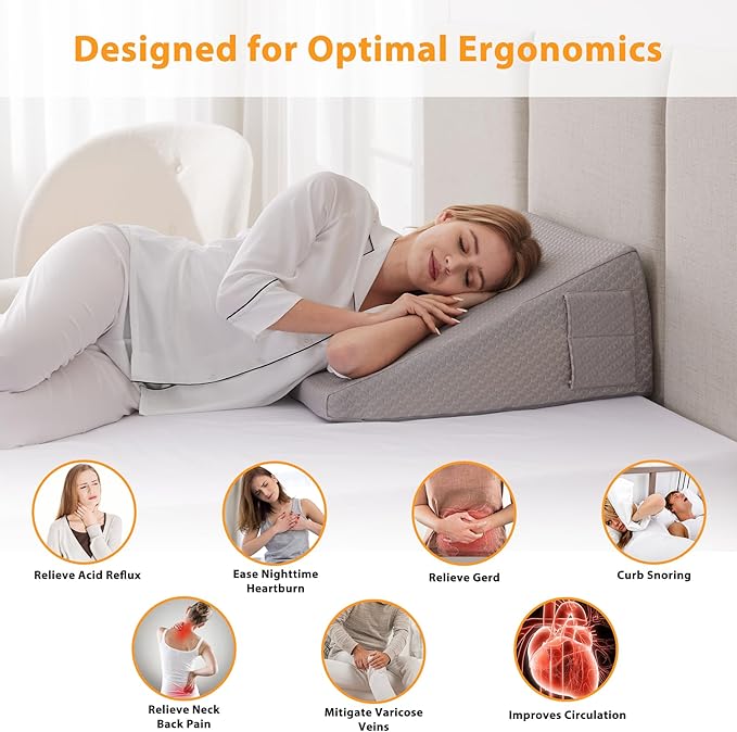 Bed Wedge Pillow for Sleeping, 12" Wedge Pillows for After Surgery, Soft Memory Foam Top, Triangle Pillow Wedge, Body Positioners for Leg Elevation, Acid Reflux, Gerd, Snoring Relief, Grey