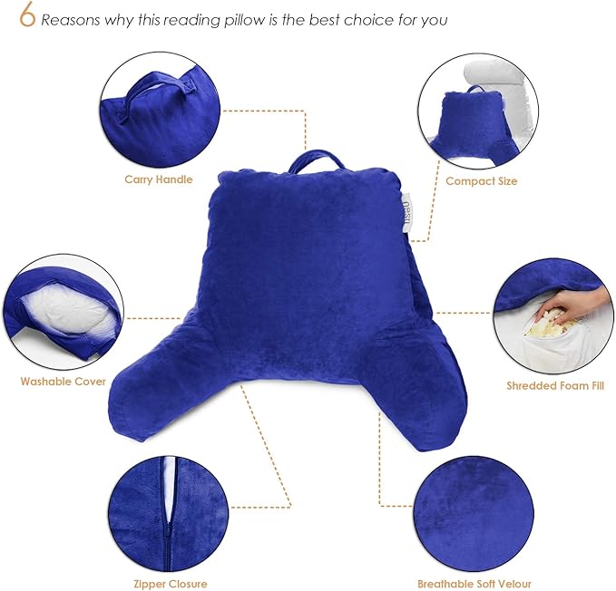 Nestl Reading Pillow Standard Bed Pillow, Back Pillow for Sitting in Bed Shredded Memory Foam Chair Pillow, Reading & Bed Rest Pillows Royal Blue Back Pillow for Bed, Bed Chair Arm Pillow with Pockets