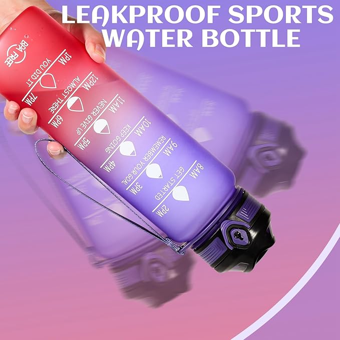 Water Bottle 32 oz, Motivational Sports Water Bottles Tritan BPA Free Water Bottle No Straw With Time Marker, Wide Mouth Leakproof Water Bottle with Strap for Gym Fitness Hiking Bike Camping - Purple