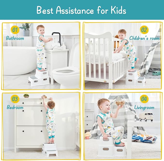 Forbena Toddler Step Stool for Bathroom Sink, 2 Step Stool for Kids Toilet Potty Training, Non-Slip Toddlers Baby Child Kid Plastic Poop Stools with Handle for Kitchen Counter Bed (White-Grey)