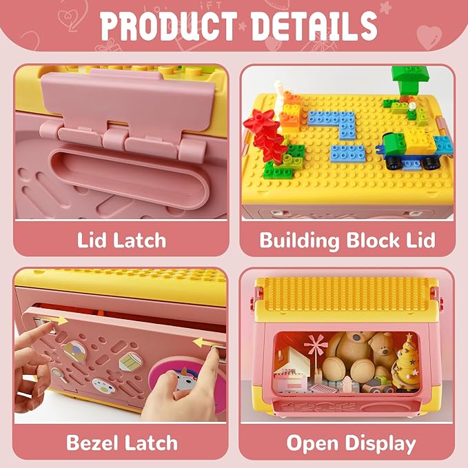 Toy Box Chest with Lid, Unicorn Collapsible Storage Organizer for Kids Boys Girls, Plastic Stackable Toddler Toy Bins with Building Block Lid (Pink)