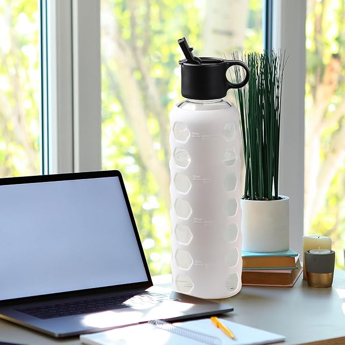 MUKOKO Glass Water Bottles, 24oz Glass Tumbler, Drinking Bottles with 2 Lids-Handle Flip Straw Lid&Bamboo Lid, Motivational Water Bottle with Time Marker and Silicone Sleeve, Leakproof-1 Pack-White