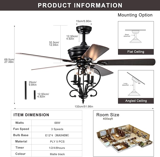 NicBex Ceiling Fan 52 Inch Ceiling Fan with Lights Industrial Ceiling Fans with 5 Blades and Remote Control Ceiling Fan with Small Lamp Shade for Bedroom, Living Room, Matte Black