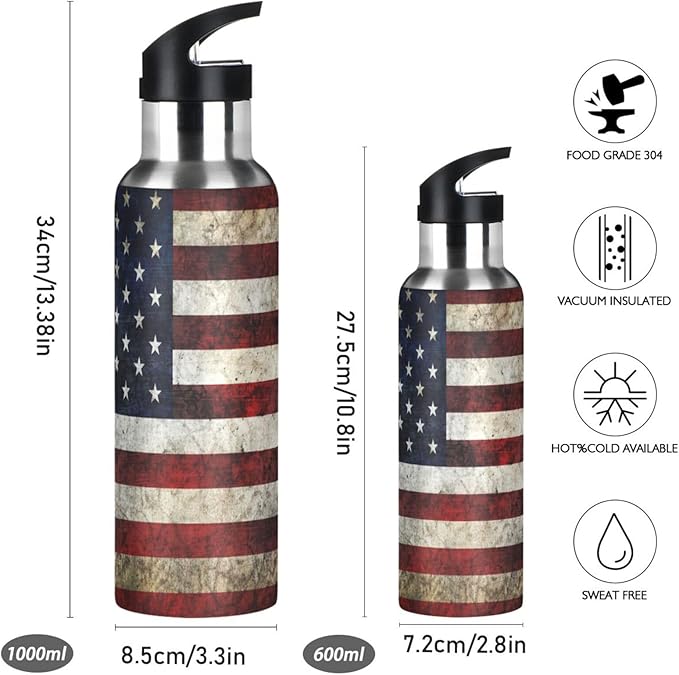 Alaza American Flag Patriotic Water Bottle With Straw Lids Boys Girls,Vacuum Insulated Leakproof Stainless-Steel Sports Bottle Thermal Flask For Gym Yoga Camping,34Oz (1000Ml)