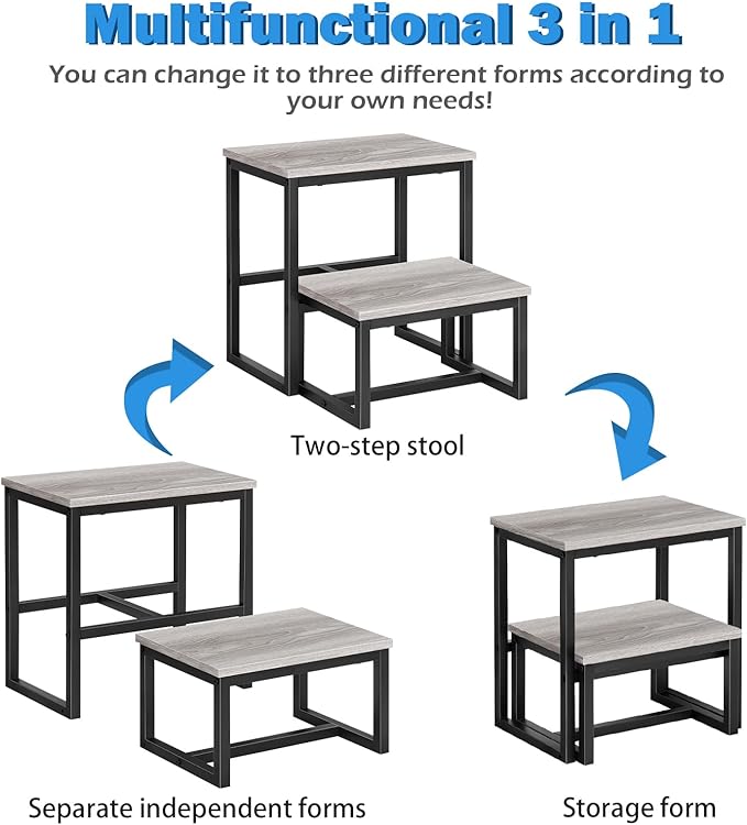 LIANTRAL Step Stools for Adults Kids, 3 in1 Heavy Duty Sturdy Two Step Stool, Supports Up to 500lb, Wooden Board Metal Frame, Foot Stool for High Bed Kitchen Bathroom - Grey