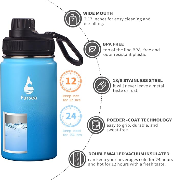 Farsea Insulated Water Bottle With Paracord Handle, Protective Silicone Boot and 2 Lids (Straw Lid & Spout Lid), Stainless Steel Water Bottle Wide Mouth, Double Wall Sweat-Proof BPA-Free,12 oz