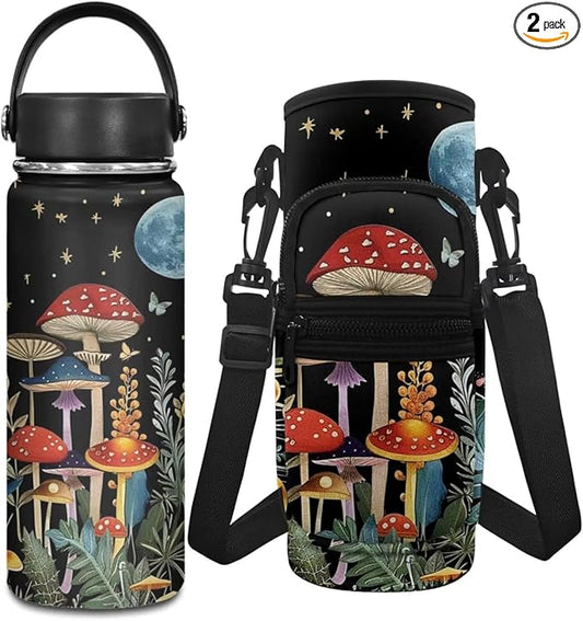 Mushroom Girls Stainless Steel Water Bottle 20 OZ Hot Water Bottle Moon 2 Pcs Water Bottle Holder Carrier Sling Water Bottle Pouch Sleeve