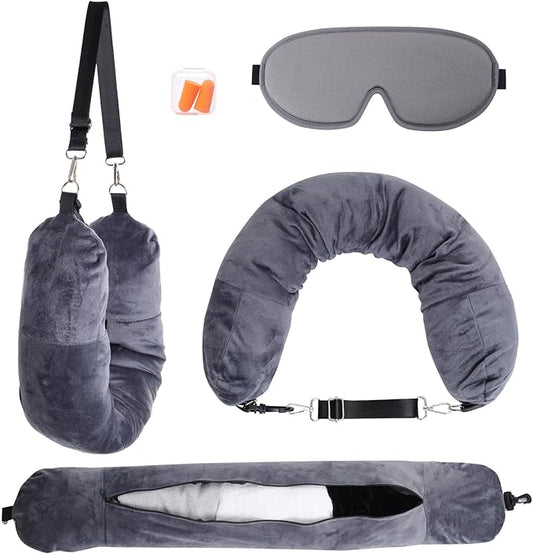 Stuffable Neck Pillow for Travel Stuffable Travel Pillow for Extra Luggage Travel Neck Pillow Stuffable with Clothes Soft Velvet Neck Pillow Cover with Eye Mask Earplugs Storage Bag