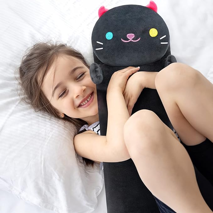 Long Cat Plush Body Pillow, 20” Luminous Light Up Black Cat Stuffed Animals Kawaii Night Light Plushies Pillow Glow in The Dark Gift for Girls Boys