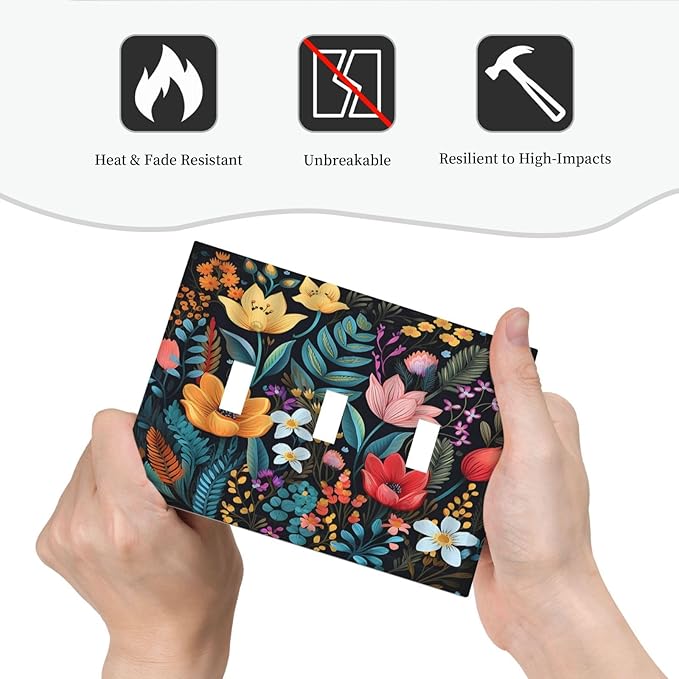 Boho Floral Vintage Flower Leaves Rustic Wildflower Plants 3 Gang Light Switch Covers Triple Toggle Wall Plate Decorative Switchplate Electrical Faceplate for Country Bathroom Bedroom Kitchen Decor