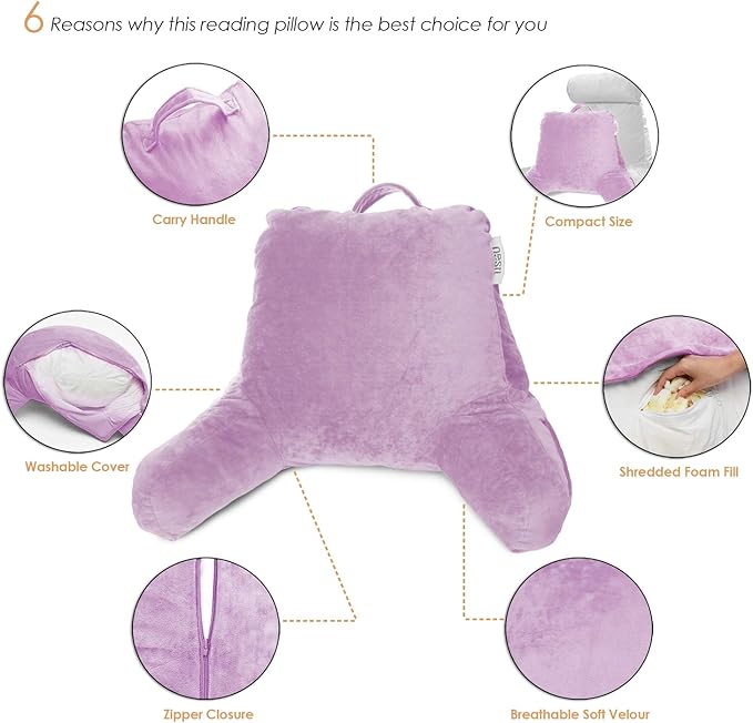 Nestl Reading Pillow Standard Bed Pillow, Back Pillow for Sitting in Bed Shredded Memory Foam Chair Pillow, Reading & Bed Rest Pillows Lavender Back Pillow for Bed, Bed Chair Arm Pillow with Pockets