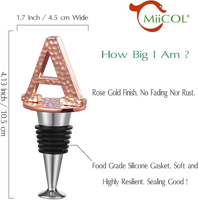 Miicol Wine Bottle Stopper, Prosecco Stopper, Rose Gold Wine Stopper, Personalised Champagne Stopper, Initial Wine Stopper, Funny Prosecco Gift, Wine Lovers Gift, Letter A