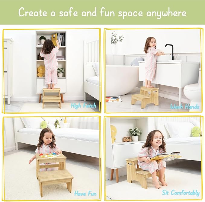 Forbena Wooden 2 Step Stool for Toddlers, Heavy Duty Kids Step Stool for Bathroom Sink Kitchen Counter, Bamboo Wood Non-Slip Kid Children Potty Stepping Stool Seat with Handles for Toilet Bed