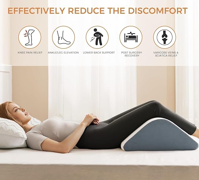 Knee Wedge Pillow 8'' for Post-Surgery Recovery - Leg Elevation Support for Sleep Position, Alleviating Lower Back & Hip Pain Enhancing Circulation in Ankles Legs Triangle Pillow with Removable Cover