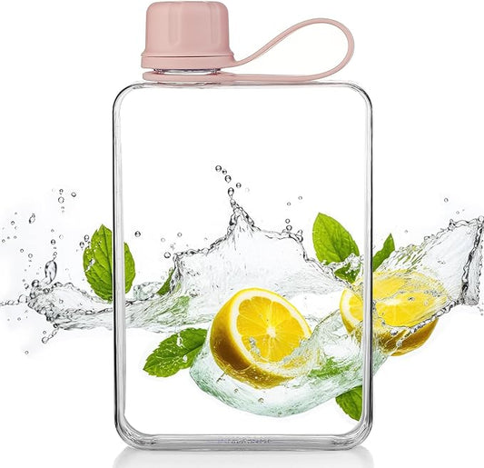 Tritan Transparent Flat Water Bottle samll Water Bottle Slim Square Pocket Bottle Water Flask, BPA Free/Slim Design/Leak Proof Water Bottle for Travel, Outdoor, Sports, Camping (Pink, 500ML)