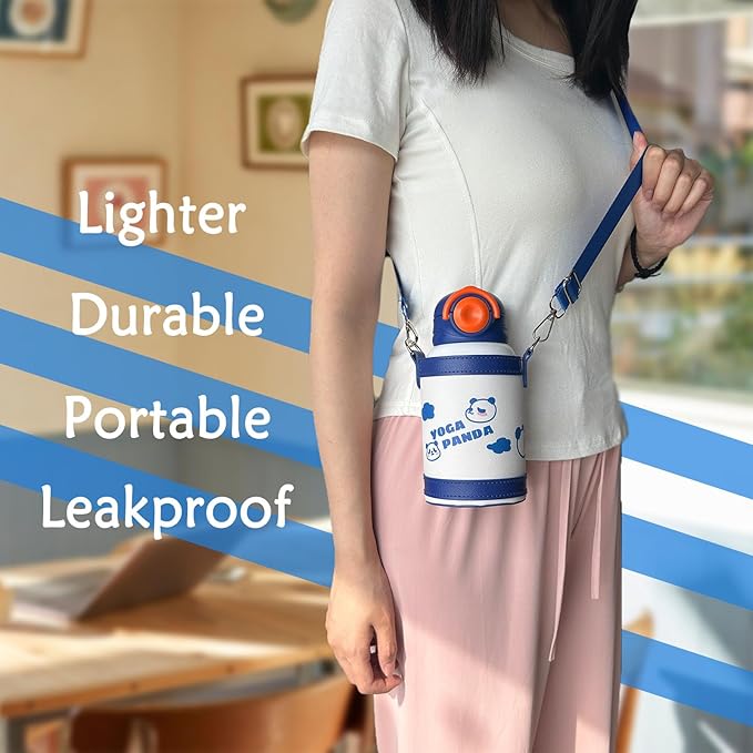 Cute Water Bottle with 3 Lids, BPA-Free Reusable Insulated Water Bottle with Adjustable Strap and Straw for Travel Sports Camping and Kids Gifts (WHITE)