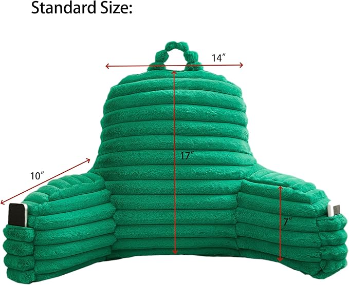 WERDIM Reading Pillow for Sitting in Bed, Faux Fur Back Pillow for Bed Rest, Bed Chair Pillow with Arms and Pockets(Standard, Emerald)