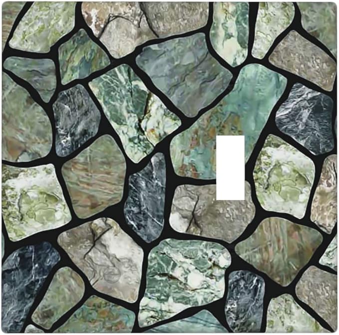 Green Stone Texture Combo Single Blank 1 Single Toggle Light Switch Wall Plate Cover Decorative 2-Gang for Electrical Room Bathroom Bedroom Home Kitchen One Receptacle 4.5" x 4.6"