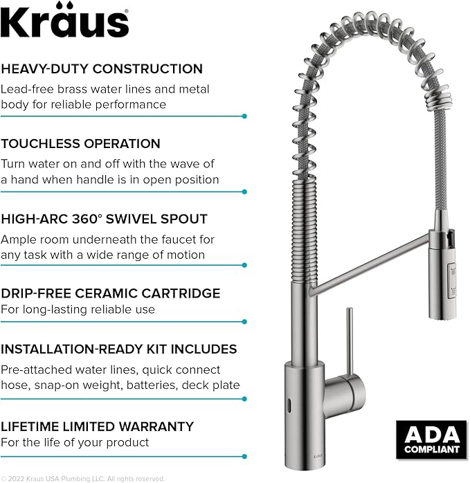KRAUS Oletto Touchless Sensor Commercial Pull-Down Single Handle Kitchen Faucet with QuickDock Top Mount Assembly in Spot Free Stainless Steel, KSF-2631SFS