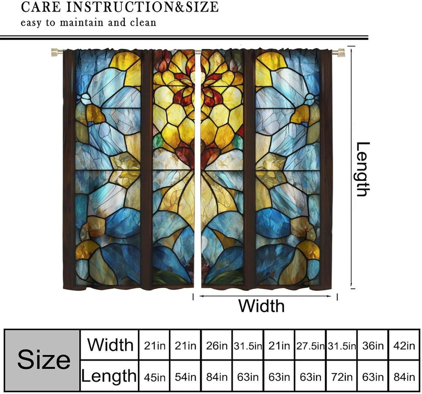 Stained Glass Curtains,Retro Abstract Colorful Art Home Decor Drapes for Bedroom Living Room Kitchen Window Treatment 2 Panels Set Total Size 55" W X 63" L Inch