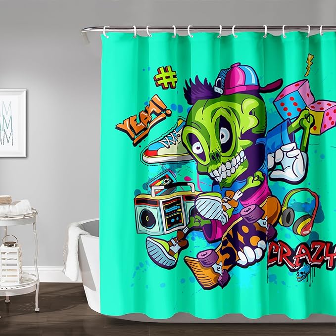 AILONEN Skate Skull Shower Curtain for Bathroom,Green Hip Hop Sport Skull Art Bathroom Curtain for Kids Girls Teen,Bath Curtain 36" W*72" H Polyester Waterproof Bathroom Curtain with 12 Hooks
