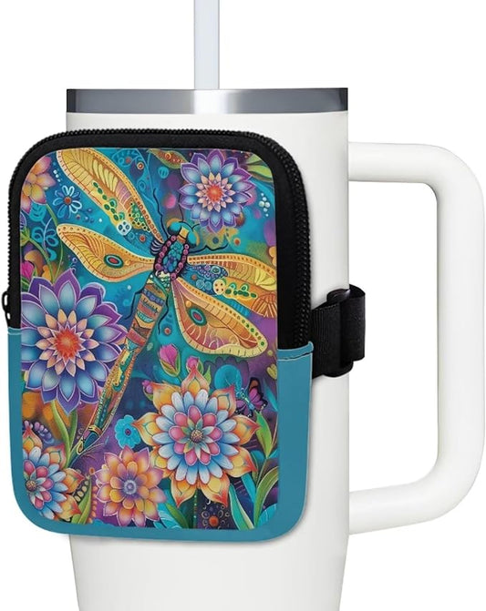 Dragonfly Boho Flower Stanley Cup Pouch with Adjustable Strap Water Bottle Storage Bag 20oz-40oz IceFlow Tumbler Pouch for Stanley Accessories