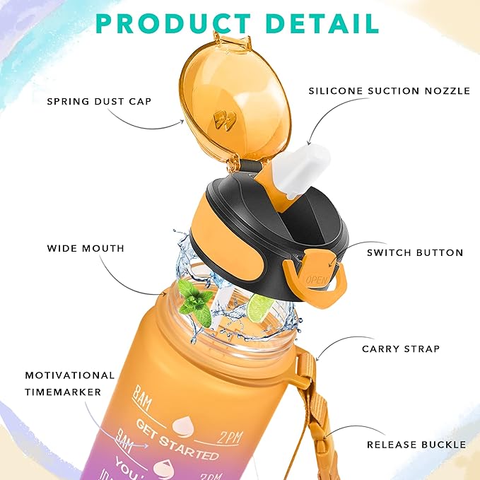 Enerbone 32 oz Drinking Water Bottle with Times to Drink and Straw, Motivational with Carrying Strap, Leakproof BPA & Toxic Free, Ensure You Drink Enough Water for Fitness Gym Outdoor