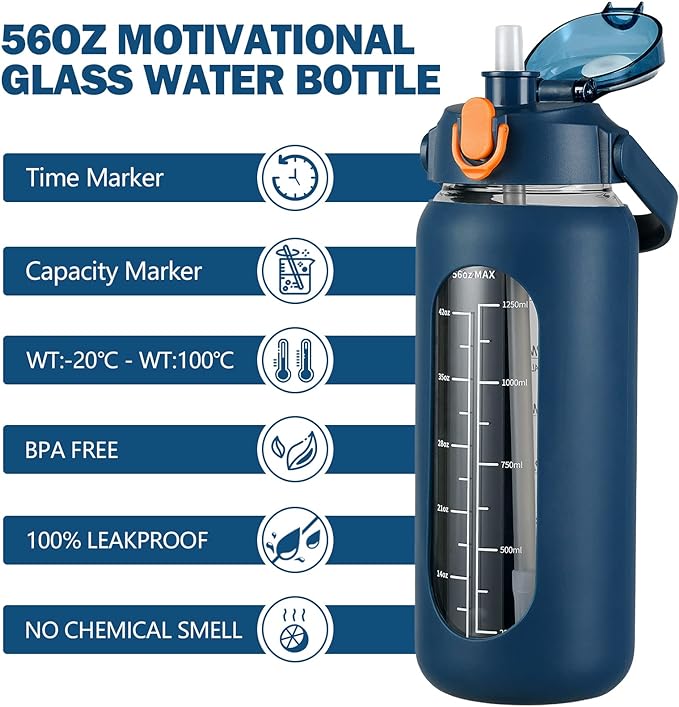 kytffu 56oz Glass Water Bottles with Straw, Motivational Glass Bottle with Silicone Sleeve and Time Marker, Leakproof Large Glass Water Jug for Gym Home Office,Blue
