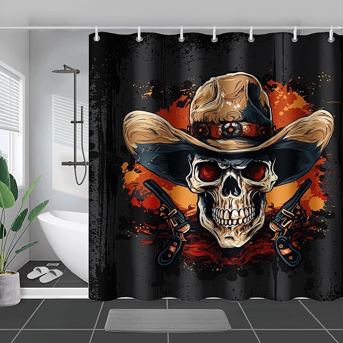 AILONEN Gothic Skull Shower Curtain for Bathroom,Graffiti Fire Gun Skull Black Art Bathroom Curtain for Kids Girls Teen,Bath Curtain 36" W*72" H Polyester Waterproof Bathroom Curtain with 12 Hooks