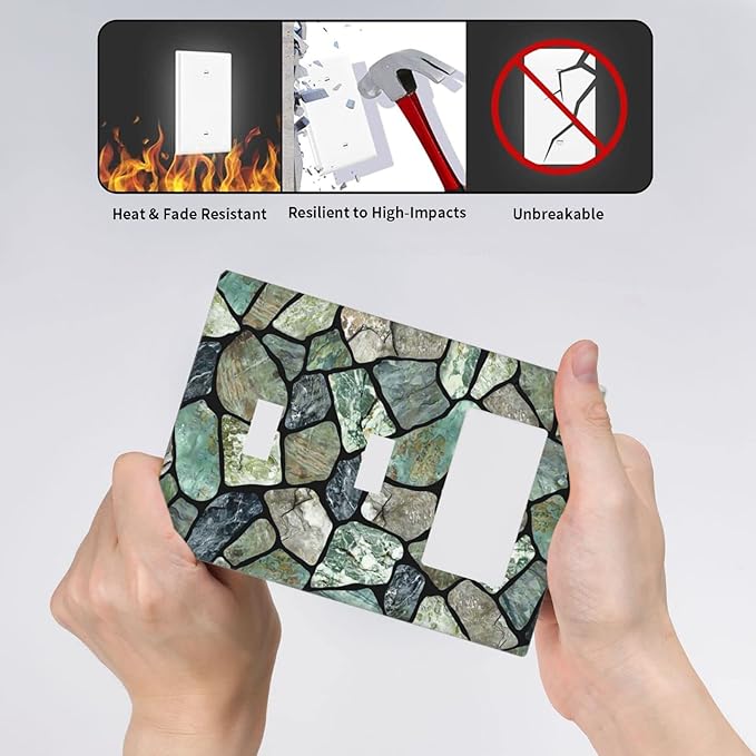 Green Stone Texture Combo 2 Toggle 1 Rocker Light Switch Wall Plate Cover Decorative 3-Gang for Electrical Outlets Room Bathroom Bedroom Home Kitchen One Decora Receptacle 4.5" x 6.38"