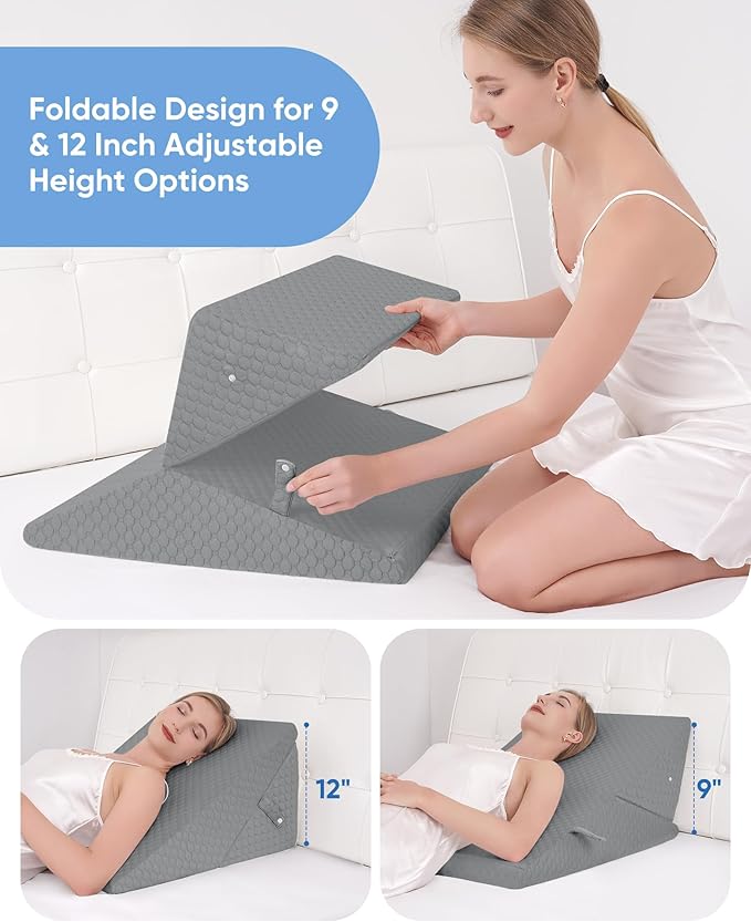 Forias Wedge Pillow for Sleeping 9 &12 Inch Adjustable Bed Wedge Pillow for After Surgery Foldable Memory Foam Triangle Pillow Wedge for Acid Reflux Snoring Post Surgery Back Leg Knee Pain - Gray
