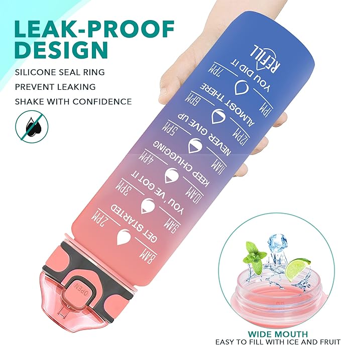 Enerbone 32 oz Drinking Water Bottle with Times to Drink and Straw, Motivational with Carrying Strap, Leakproof BPA & Toxic Free, Ensure You Drink Enough Water for Fitness Gym Outdoor