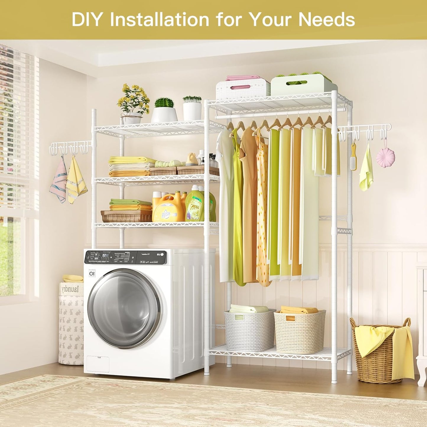 Ulif U6 Clothes Drying Rack, 5-Tier Over Washer and Dryer Laundry Room Storage and Organizer, Heavy-Duty Space Saver, 65.3" W x 13.4" D x 77.5" H, White