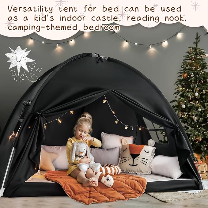 Twin Size Bed Canopy Bed Tents Dream Tent on Bed Privacy Space Blackout Sleeping Tents Indoor Breathable Portable Cottage Drafty Room Floor Bed Tents (Black)