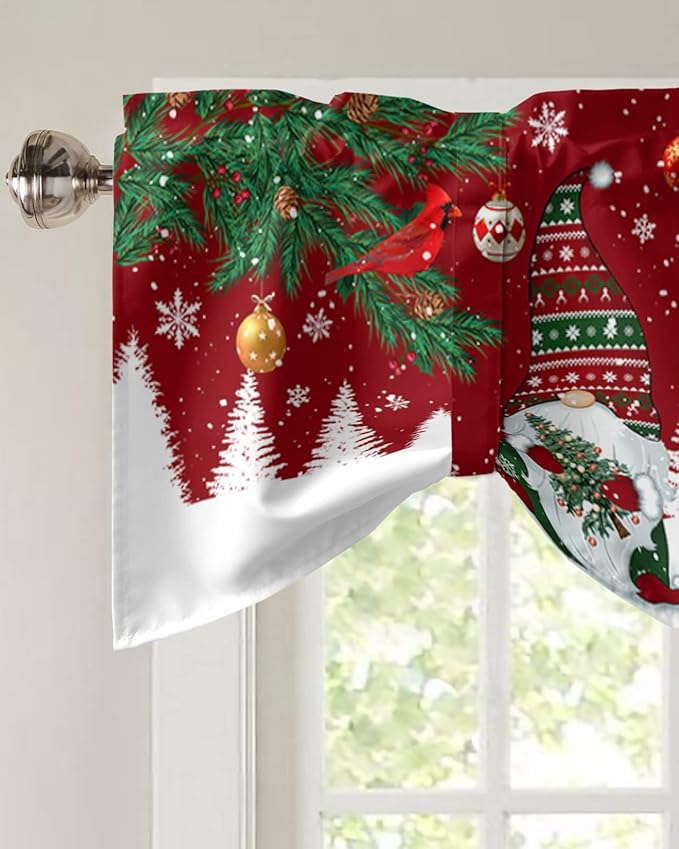 Christmas Gnomes Blackout Tie Up Valance Curtains for Kitchen Windows Red Winter Holidays Window Toppers Balloon Shades for Living Room/Bathroom/Bedroom,1 Panel,54" X 18" White Snowflakes Xmas Trees