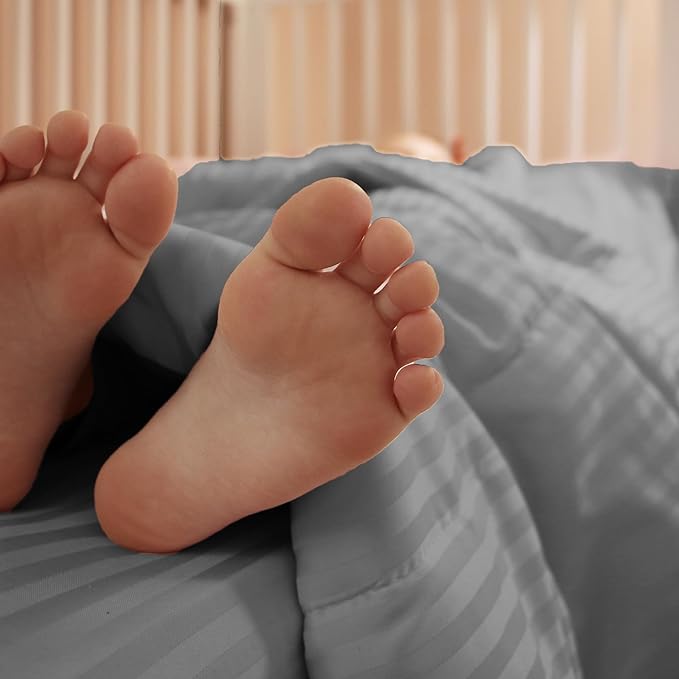 Toddler Bedding Set - 4 Piece Soft Crib Bedding Set for Boys, Includes Toddler Comforter, Flat Sheet, Fitted Sheet and Pillowcase, Grey Stripe