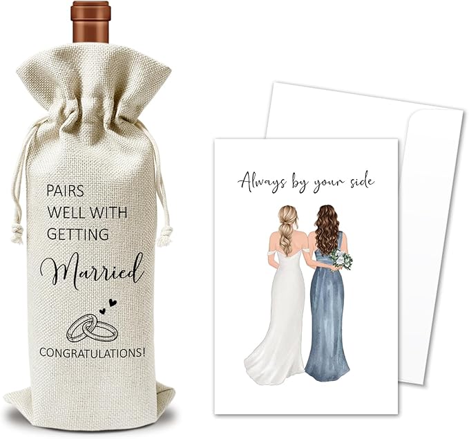 Wedding Wine Gift Bags & Card, Bridal Shower Gift Engagement Gifts for Bride Bride-to-be Newly Engaged Couples Friends, 1 pcs Reusable Burlap Wine Gifts Bags for Wine Bottles, Wedding Party Favor -04