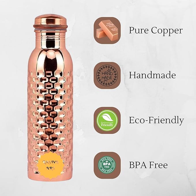 Pure Copper Metal Water Bottle - 32 oz - Indian Handmade Ayurveda Healing Drinking Water Bottle for Travel, Hiking, Gym, Office, Outdoor - Glossy Brick