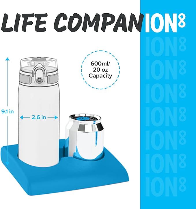 Ion8 Steel Water Bottle, 600 ml/20 oz, Leak Proof, Easy to Open, Secure Lock, Dishwasher Safe, Hygienic Flip Cover, Fits Cup Holders, Carry Handle, Durable, Carbon Neutral, Metallic Blue