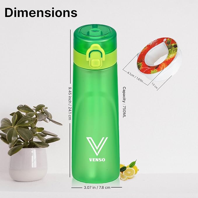 Water Bottle,650 ml scent water bottle with 5 flavor pods,Leak proof and BPA-free sports air water bottle with straw,suitable for outdoor sports,0 sugar,0 calorie,Ideal gift (green)