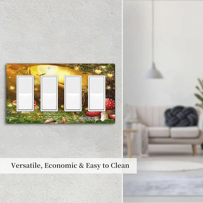 Red Mushroom Forest Fairy Moon Butterfly 4 Gang Rocker Decora Bohemian Light Switch Cover Decorative Outlet Covers Wall Plate Electrical Faceplate Switchplate GFCI for Kidroom Nursery Decor